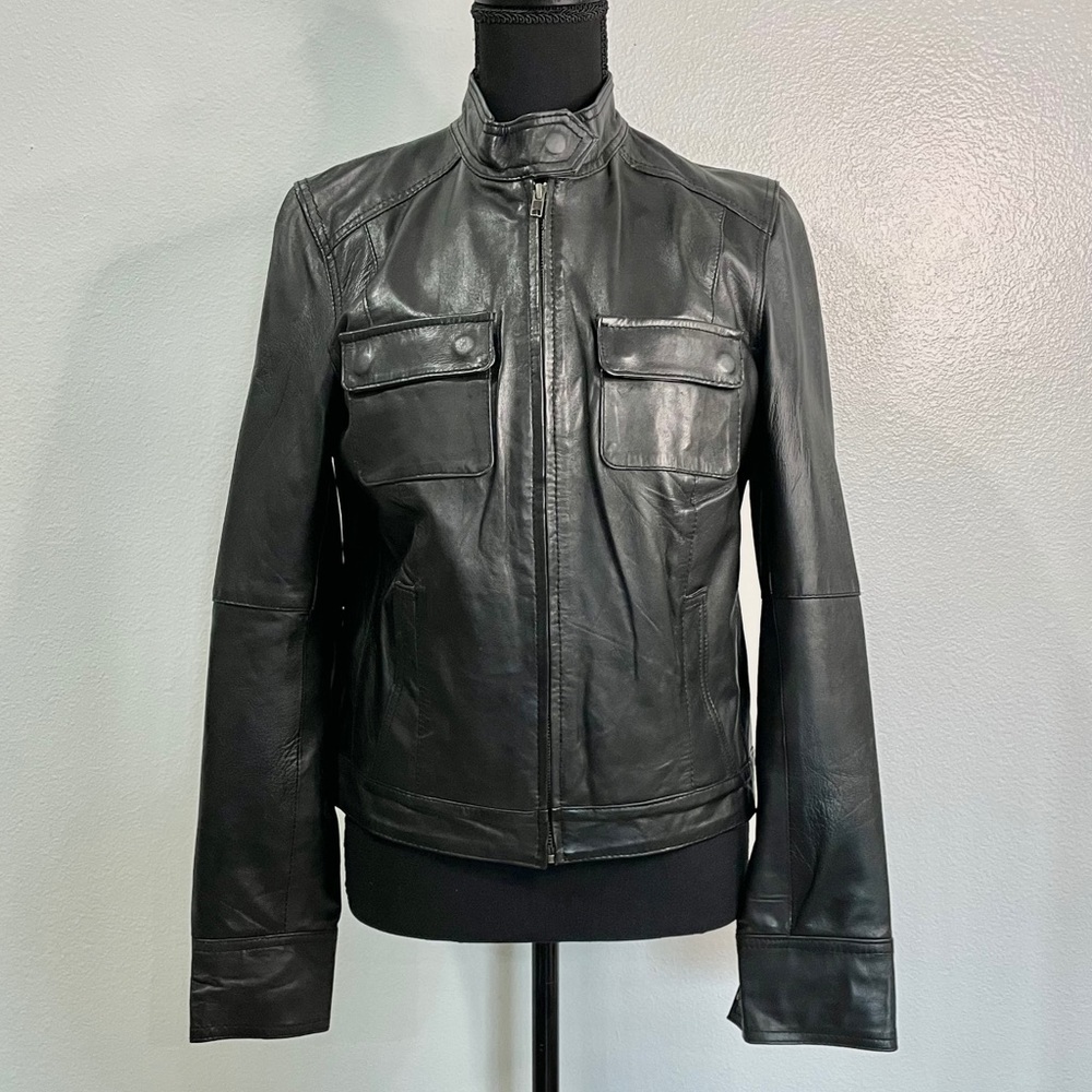Members Only | Tab Collar Black Leather Jacket Med